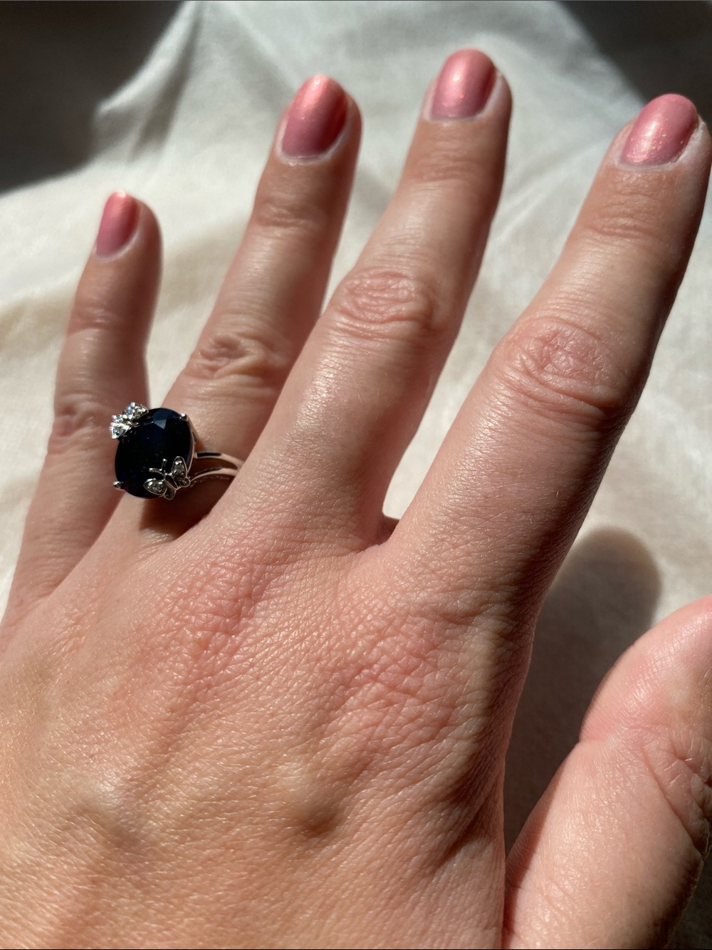 Elegant 10k White Gold Statement Ring Oval Sapphire Solitaire Butterfly Accents - Picture 2 of 6